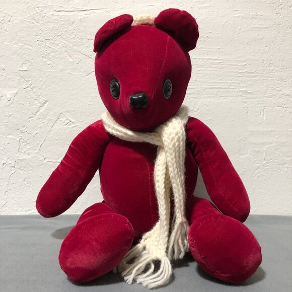 Vintage Handmade Velvet Red Teddy Bear Button Eyes Scarf & Hat - Picture 6 of 10